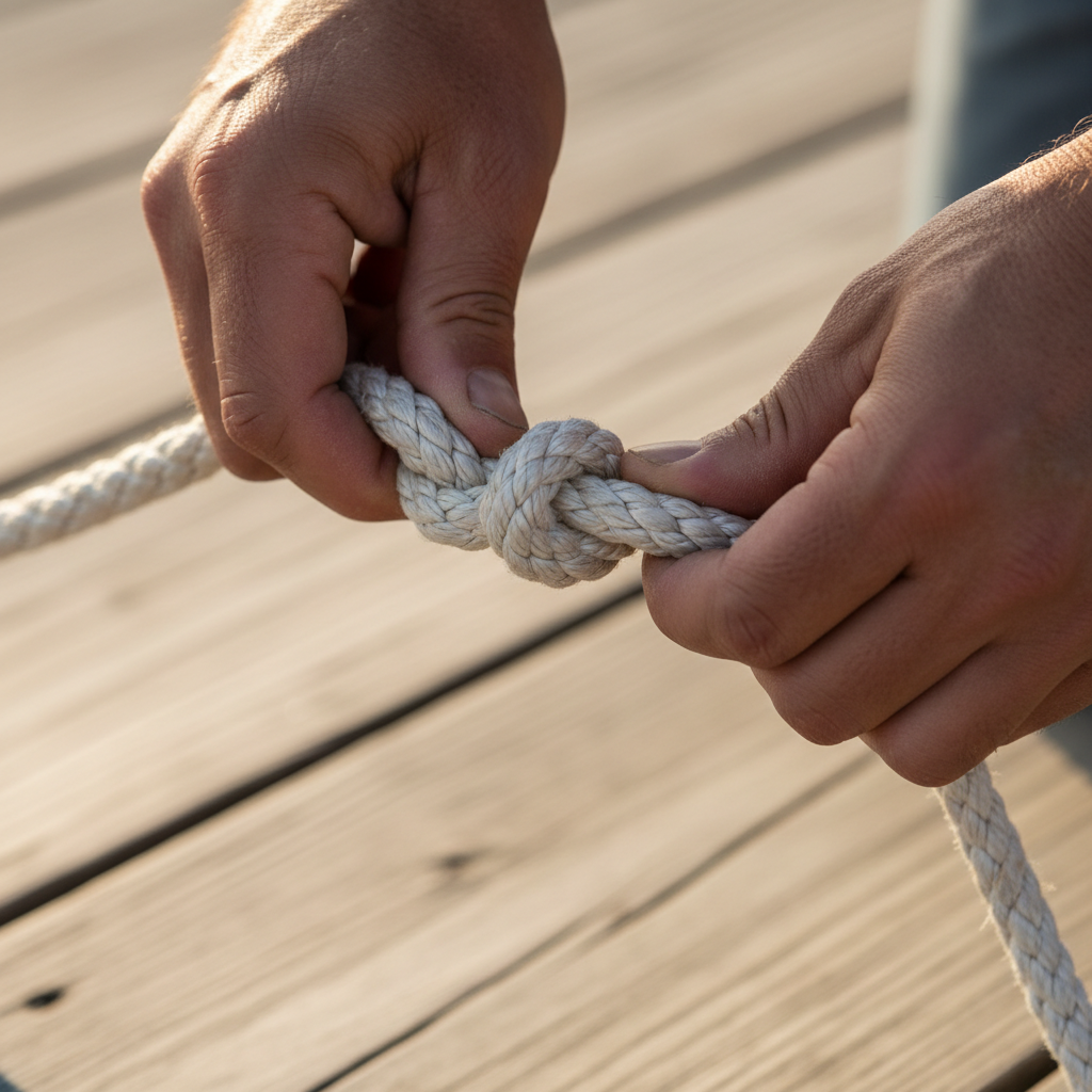 Close-up of hands tying a bowline knot with white rope on a wooden dock
