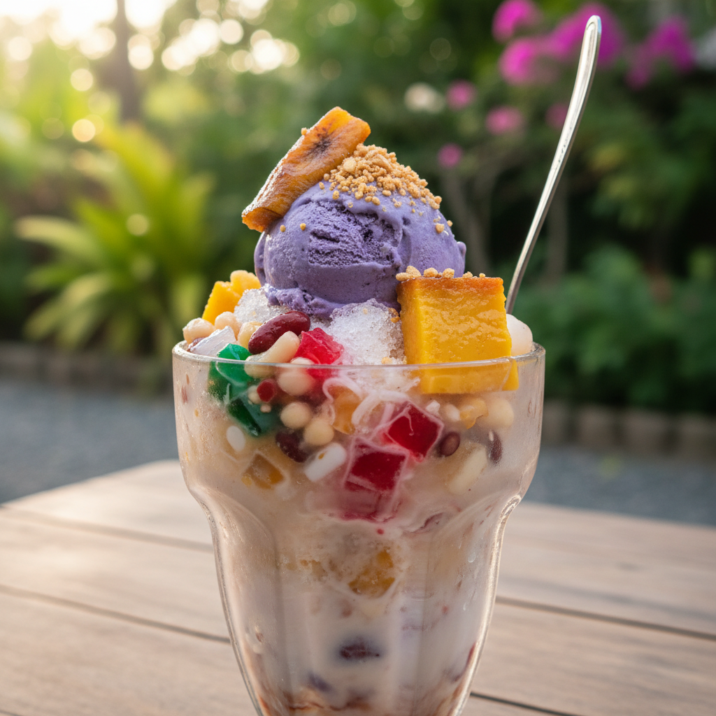 Large halo-halo dessert with ube ice cream, nata de coco, and shaved ice in a glass bowl