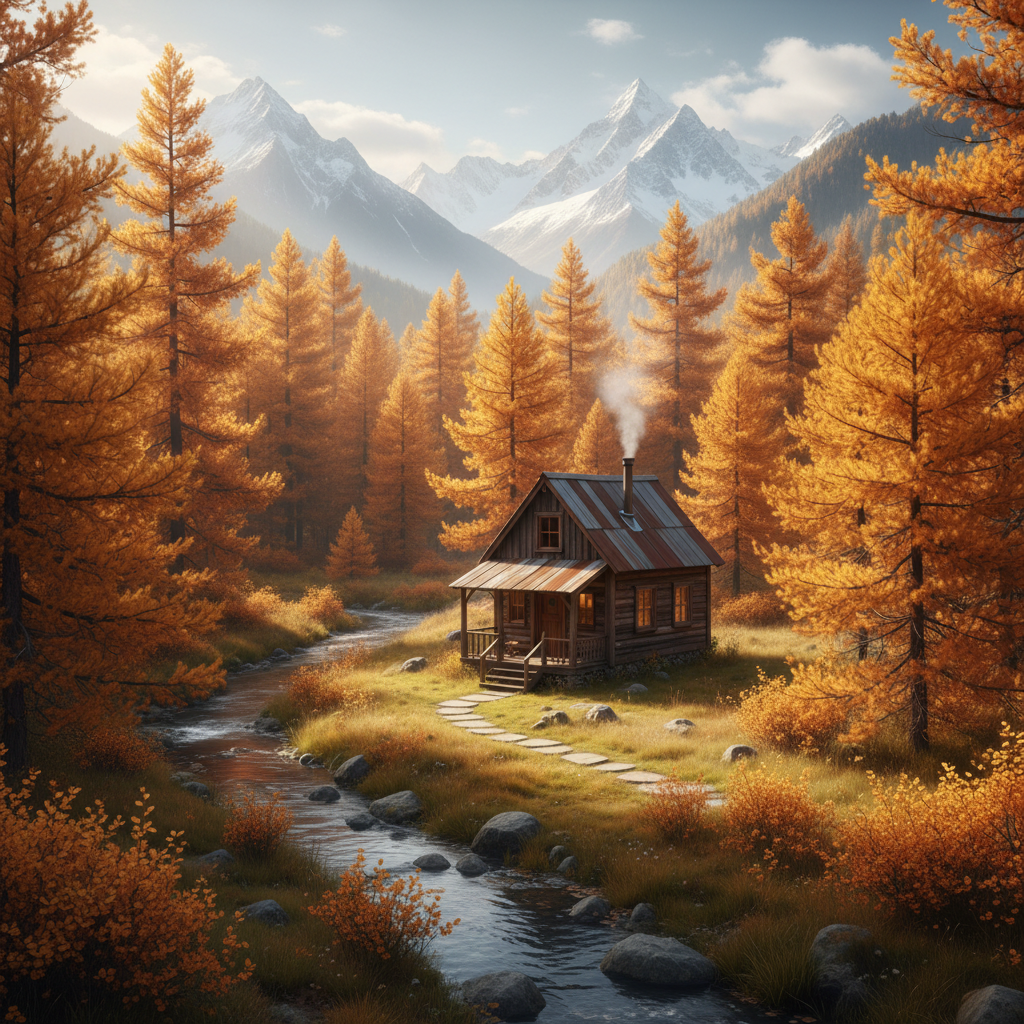 Tiny house surrounded by golden larch trees in autumn with mountain peaks in background