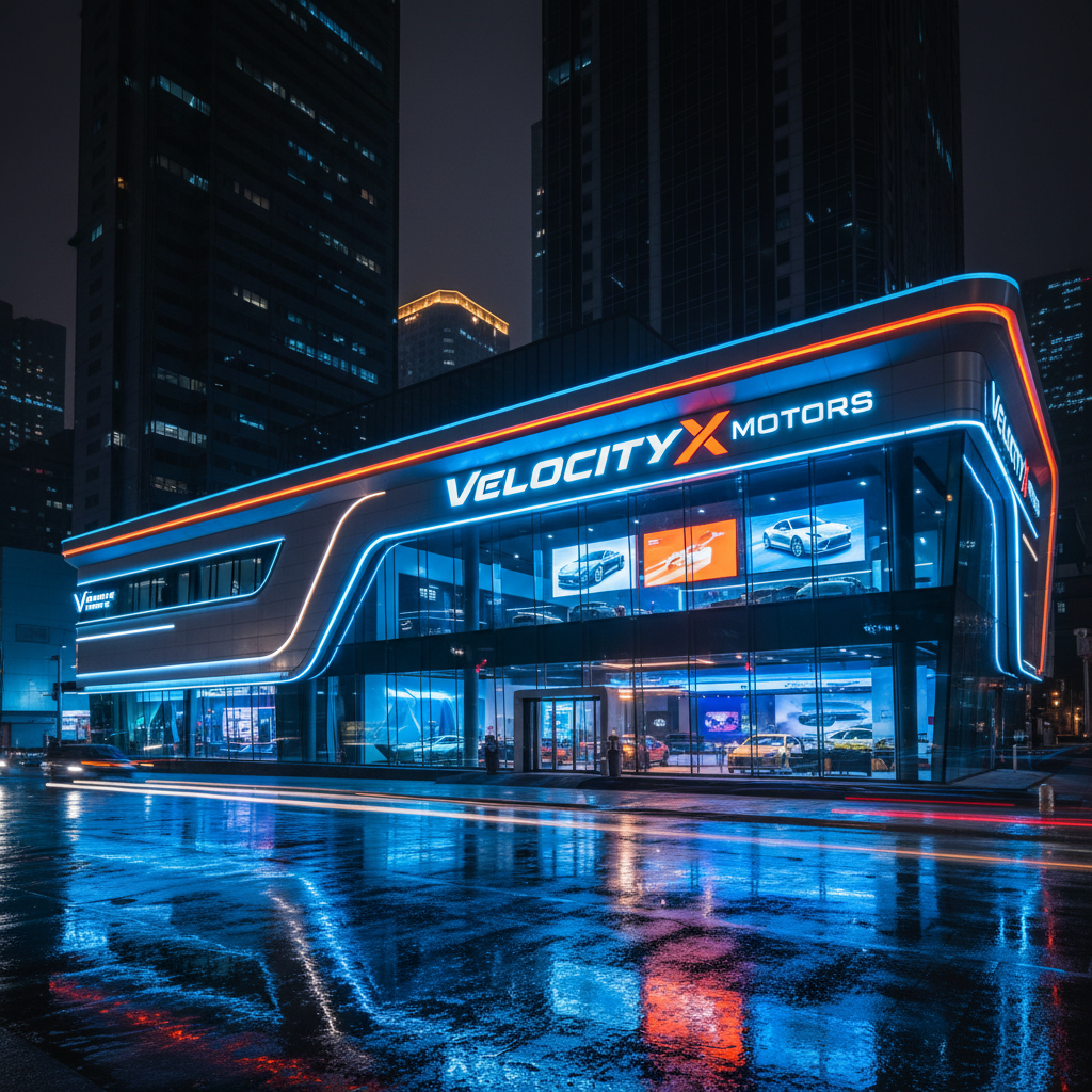 VelocityX Motors flagship showroom facade at night in Los Angeles
