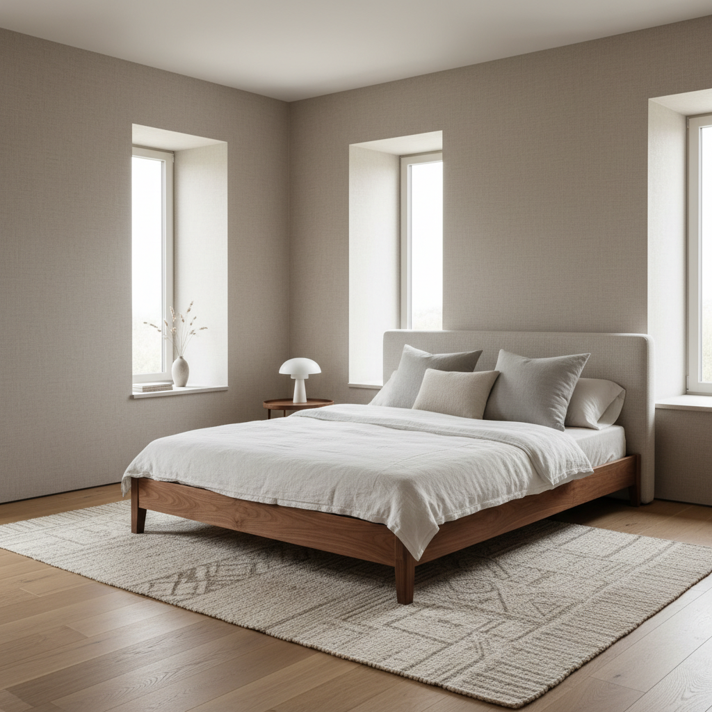 Low-profile walnut platform bed with cream linen bedding in serene minimalist bedroom