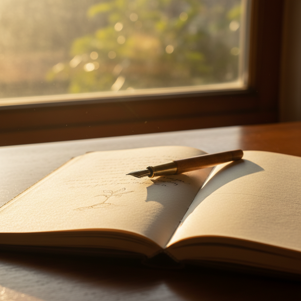 Open notebook beside a window with warm morning light pooling across the page