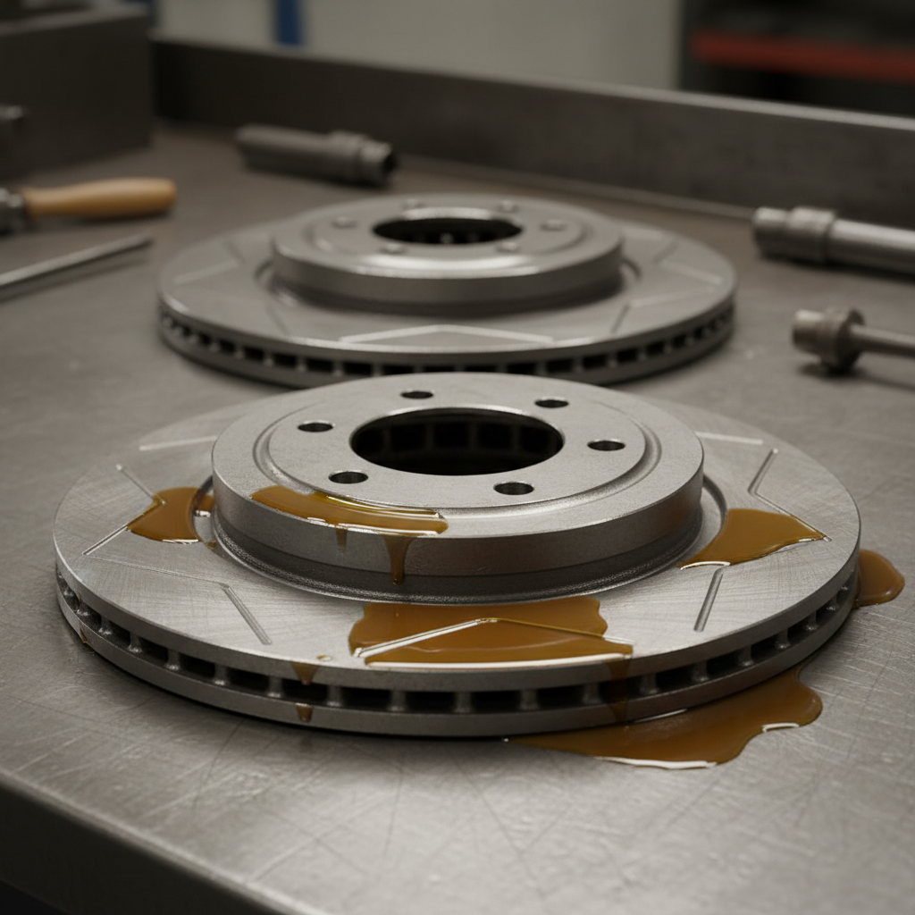 Vented brake rotors still slick with machining oil on a steel surface