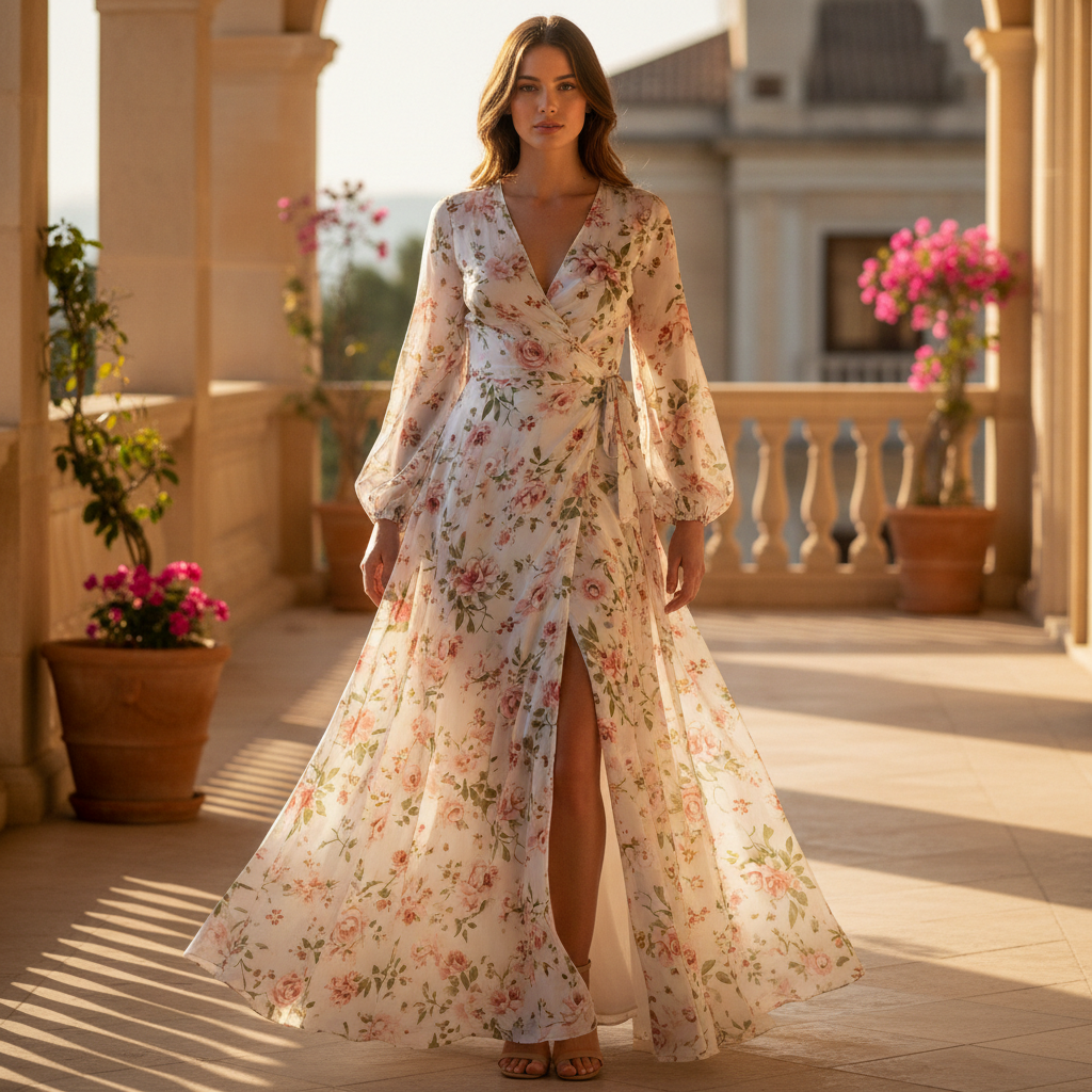 Woman in floral wrap dress, warm golden afternoon light, outdoor garden, vibrant and fresh