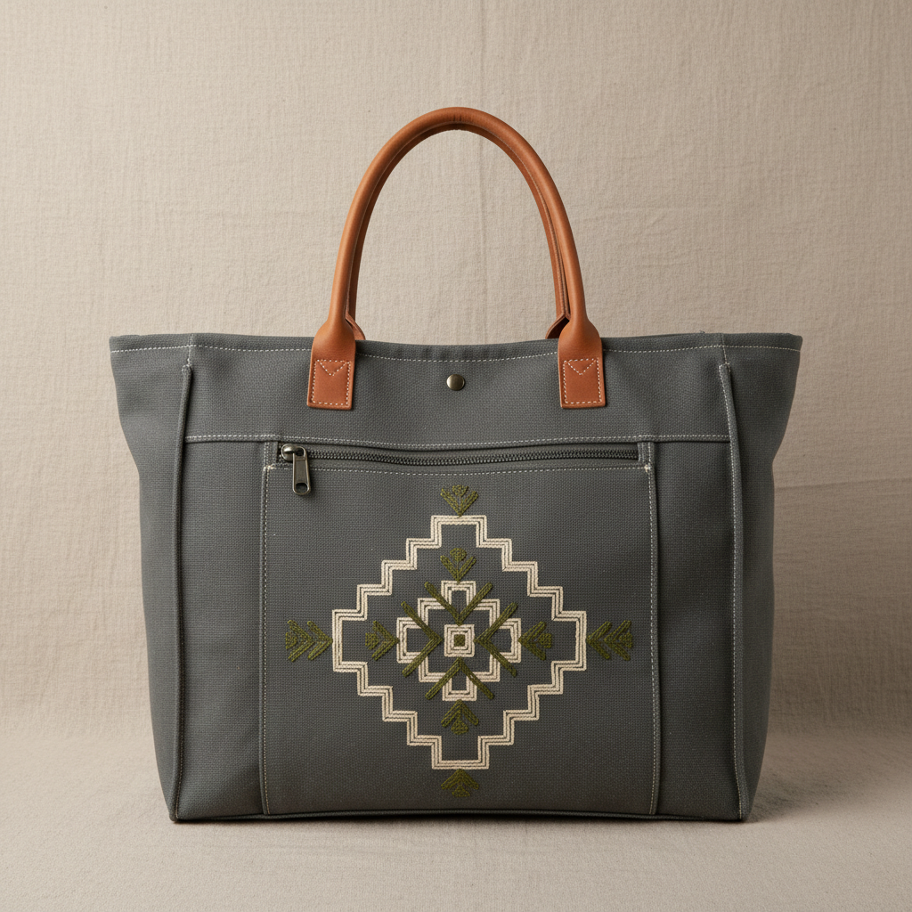 Natural linen tote bag with embroidered design on white background, clean minimal styling