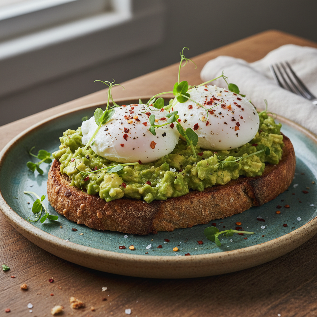 Artisan avocado toast on thick sourdough, poached egg on top, microgreens, bright natural morning light