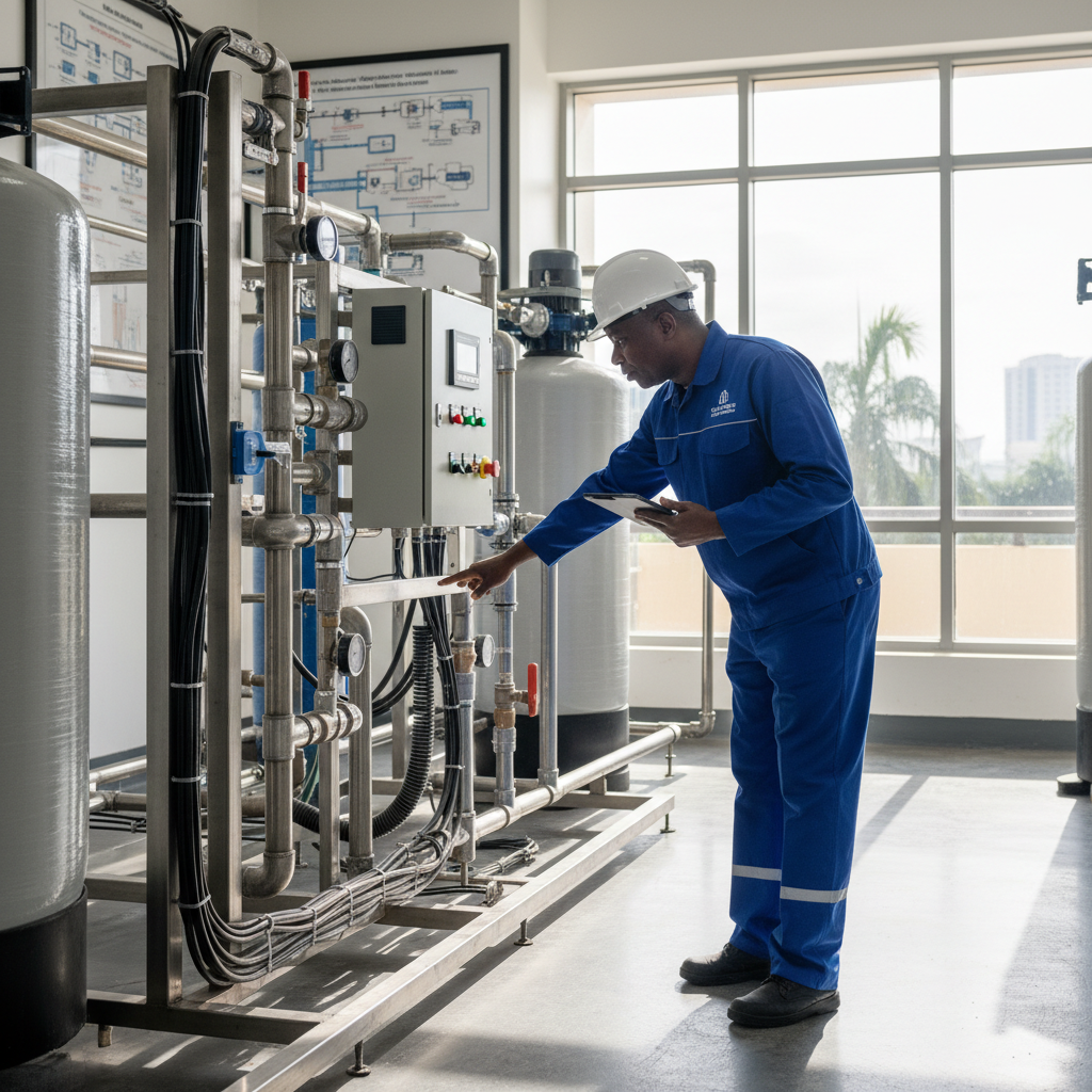 Hotel facility manager inspecting water treatment infrastructure in a Lagos Victoria Island hotel plant room