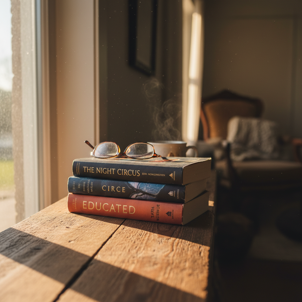 Three paperback books stacked on a wooden shelf with warm afternoon light