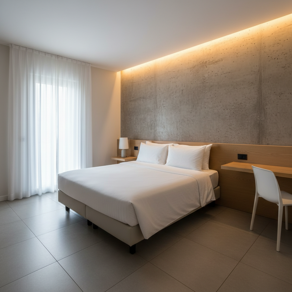 Minimal hotel room interior with warm light, white linen, and concrete accent wall