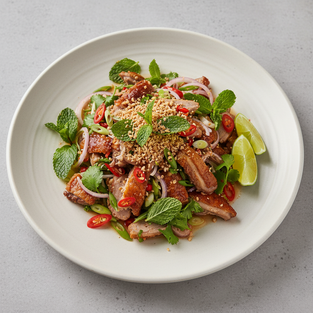 Roasted duck laab salad on a wide ceramic plate with fresh herbs and chili