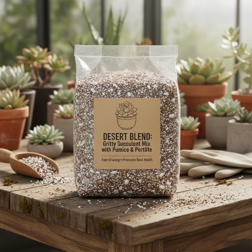 Bag of gritty succulent soil mix with pumice and perlite on a wooden potting bench
