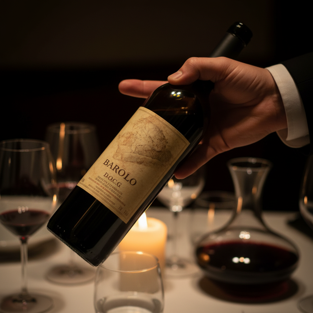 Sommelier examining wine in a dimly lit restaurant with candlelight, dark wooden walls and warm amber glow