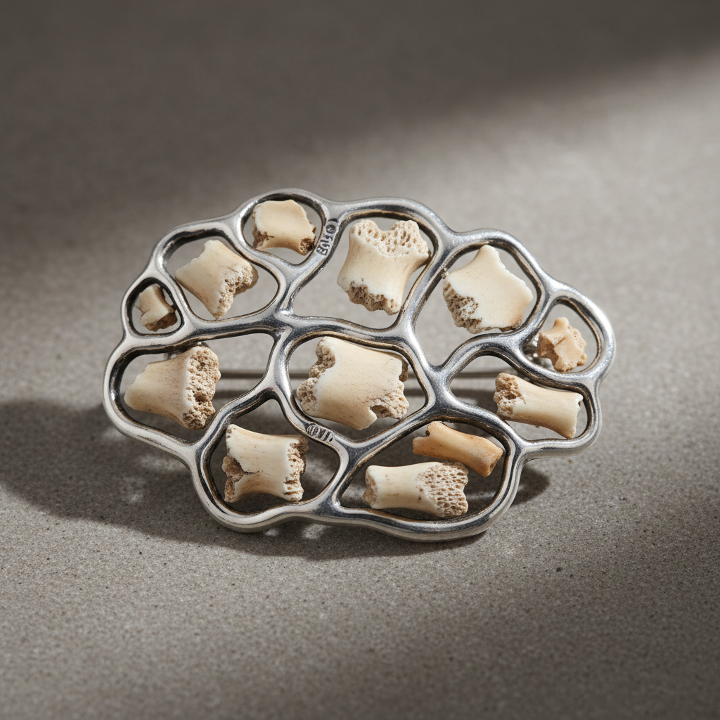 Ossuary brooch combining bone fragments with sterling silver frame, limited edition