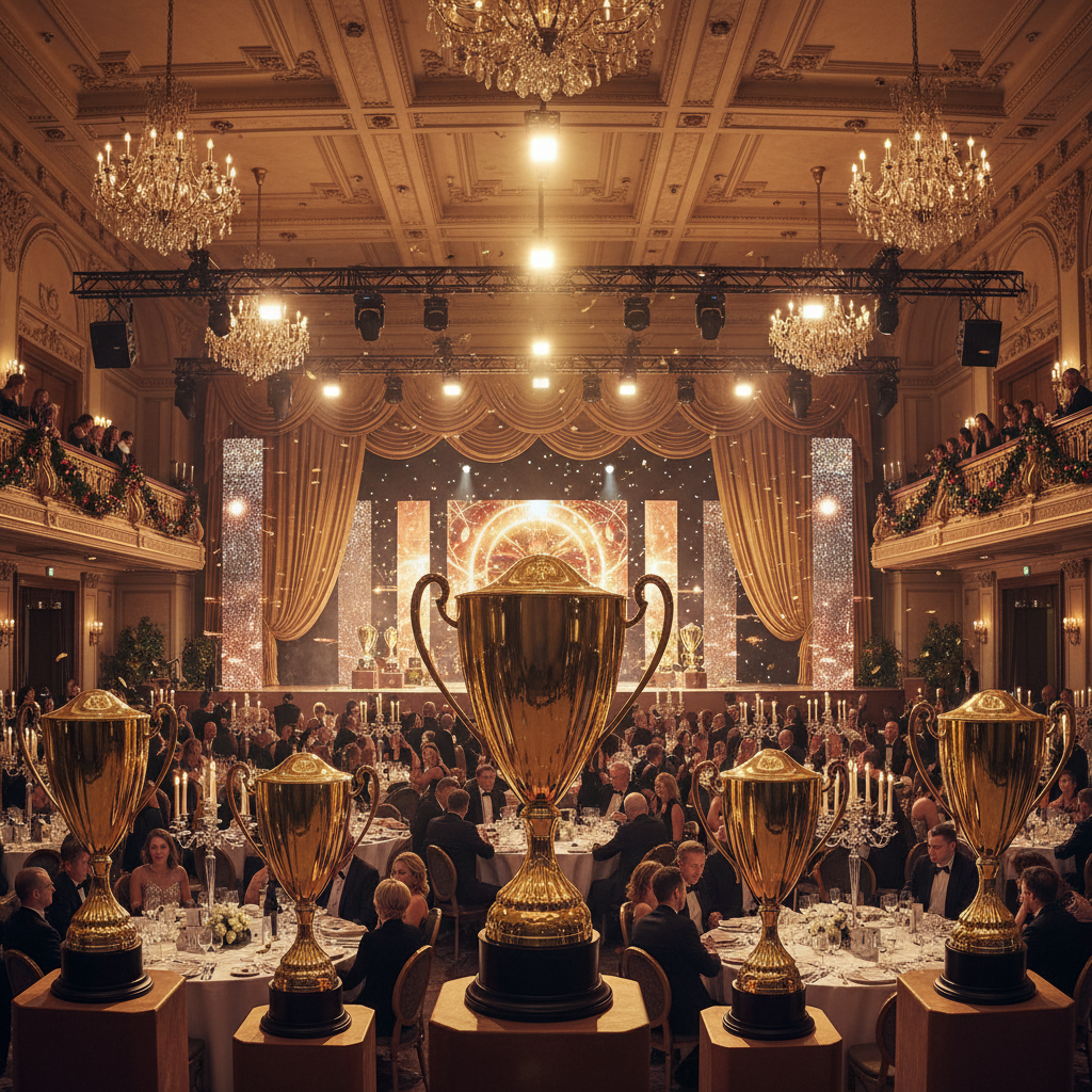 Award ceremony with bright stage lighting and elegant atmosphere in a grand auditorium