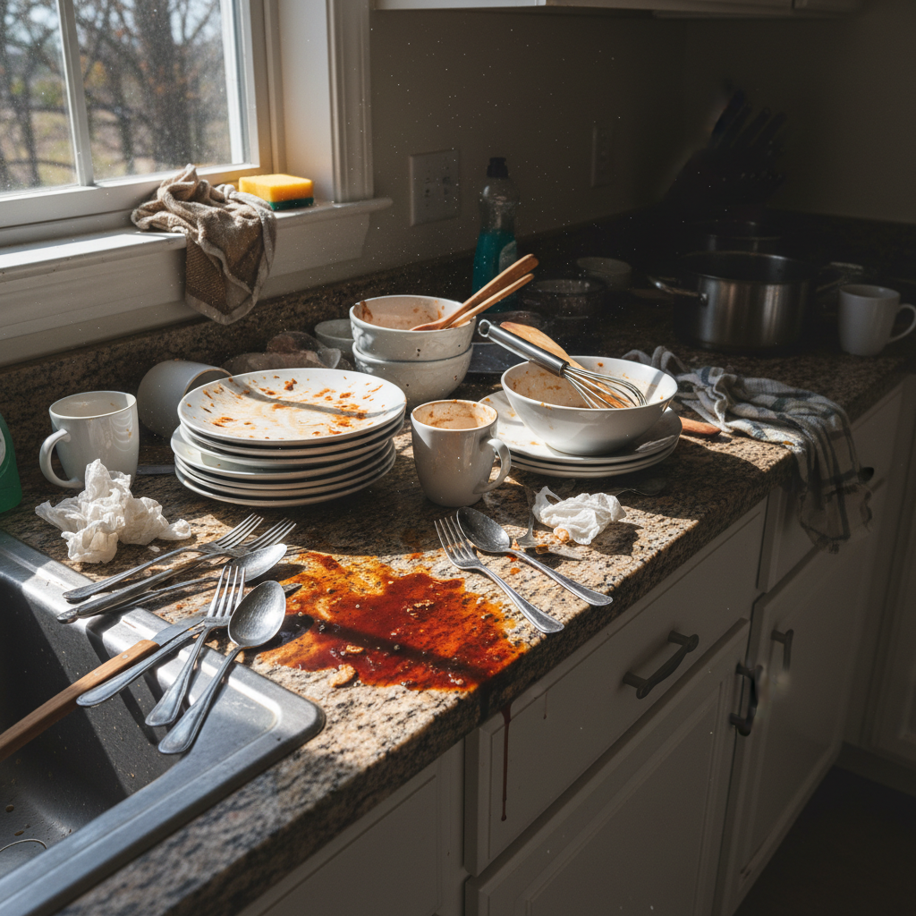 Cluttered kitchen counter with dishes and spills before cleaning