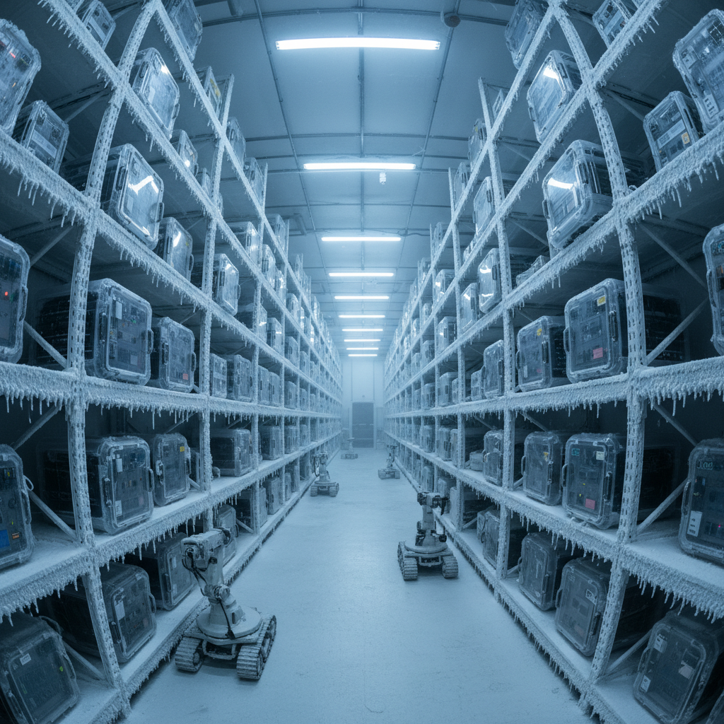 Cold storage aisle inside Vault facility showing racking systems with frost and LED lighting extending into depth