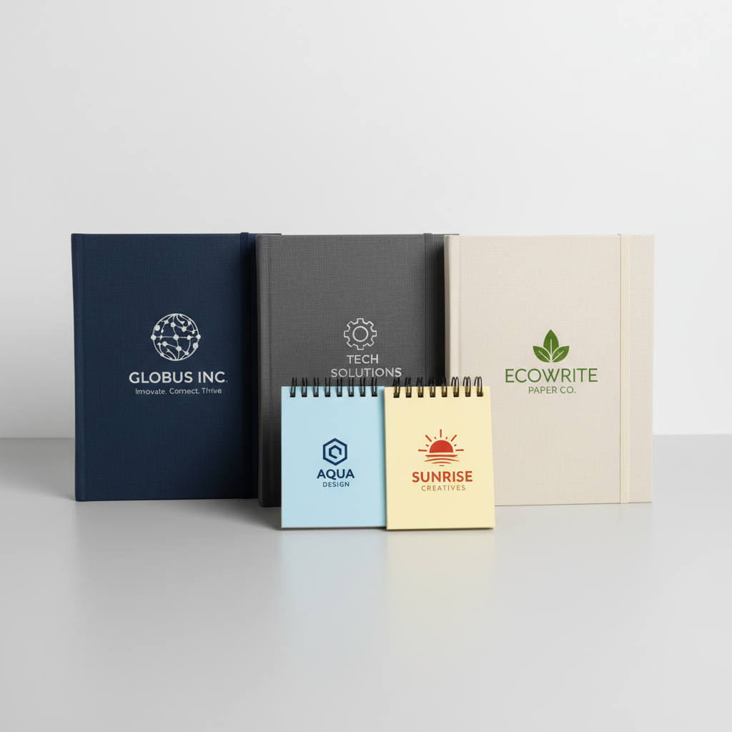 Branded pens, notepads and desk accessories on clean white surface