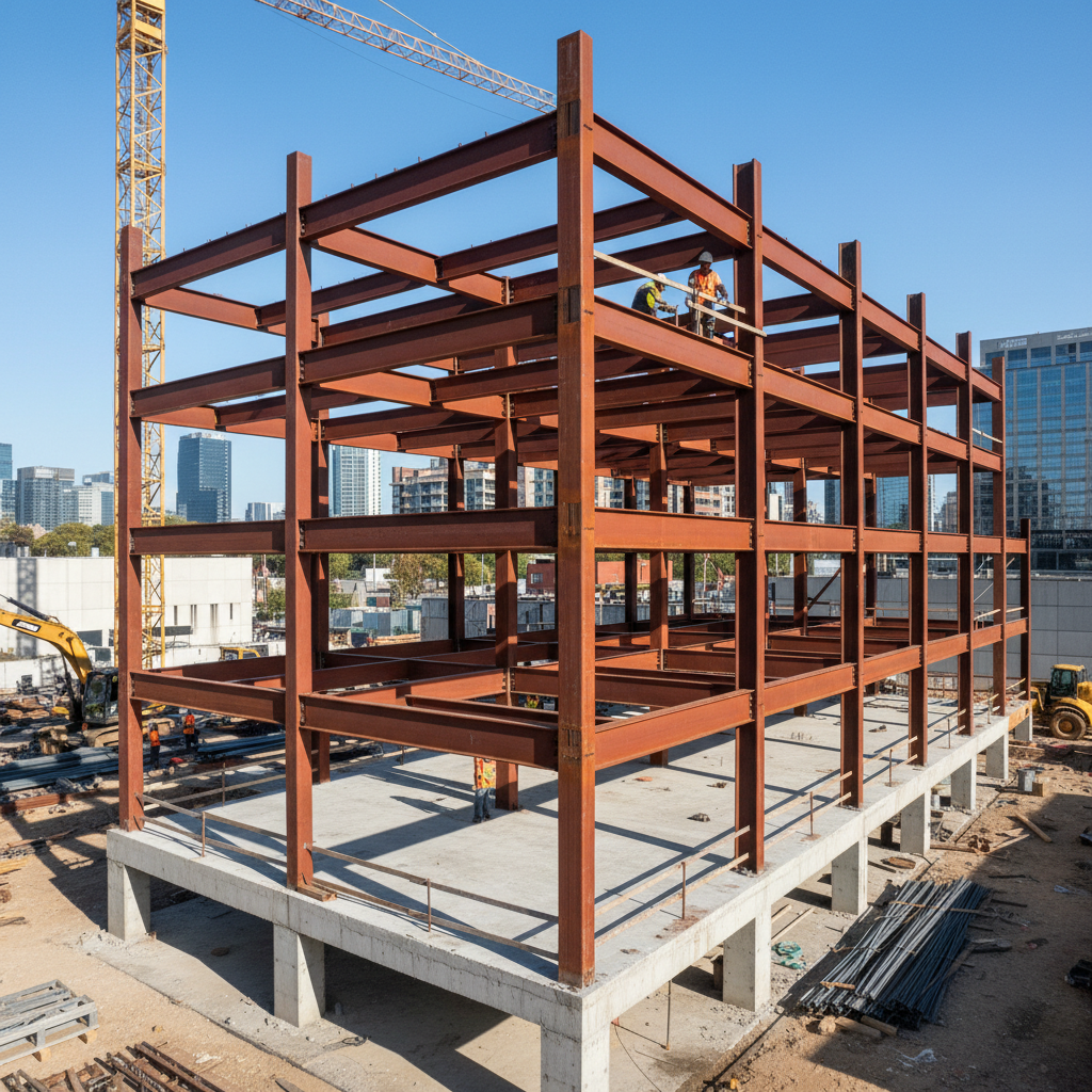 Construction workers on residential building frame, professional job site with clear blue sky background