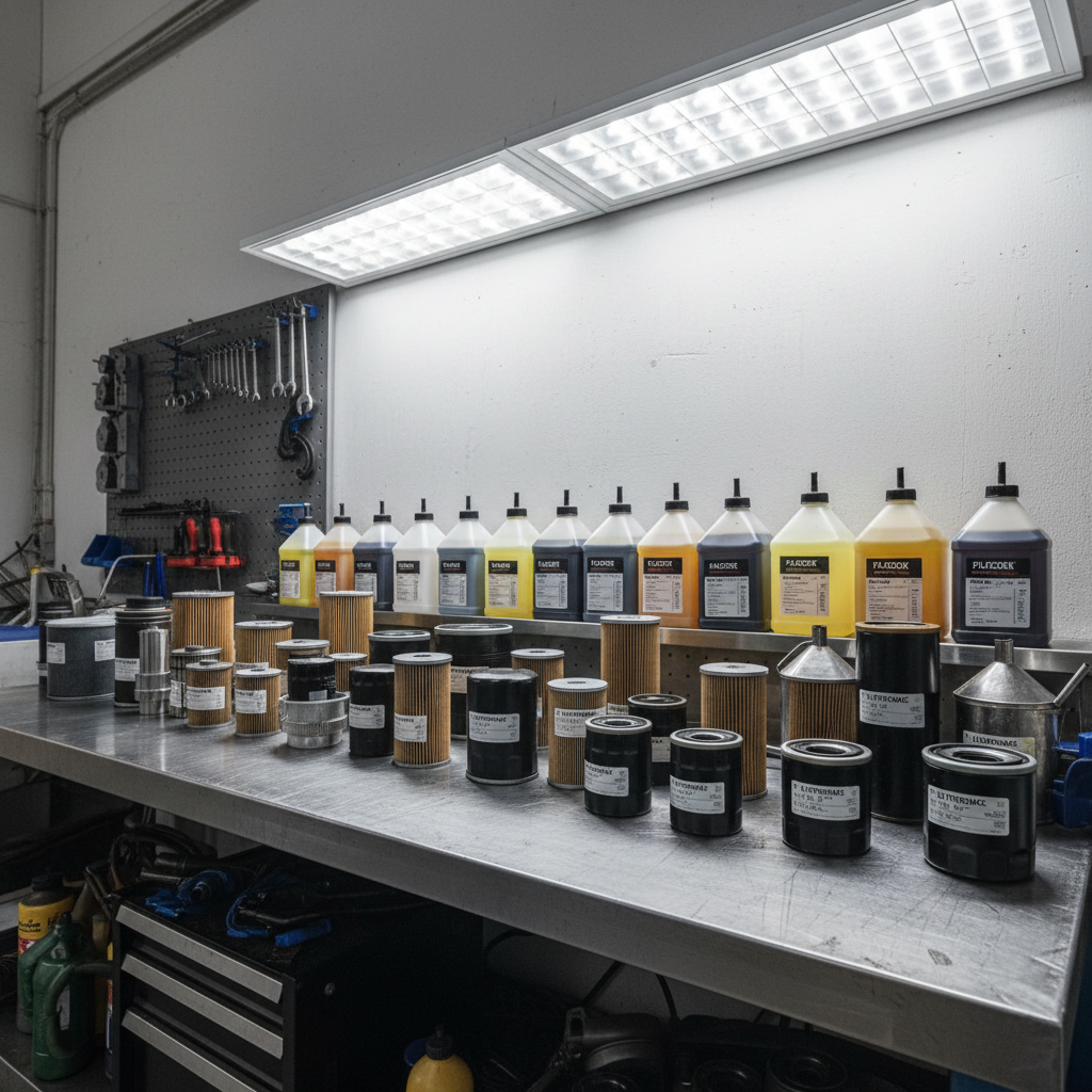 Oil filters and fluid containers for lawn mower maintenance