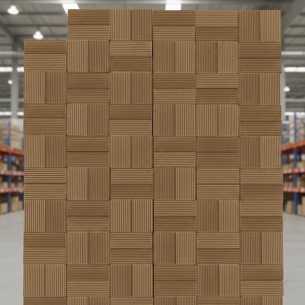 Brown corrugated cardboard shipping boxes stacked neatly in warehouse, dim warm lighting