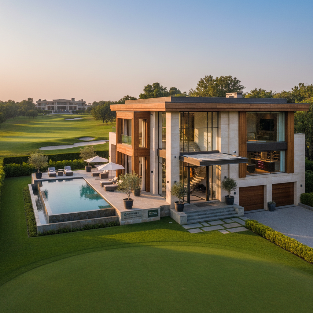 Luxury villa with golf course views, private garden, modern architecture