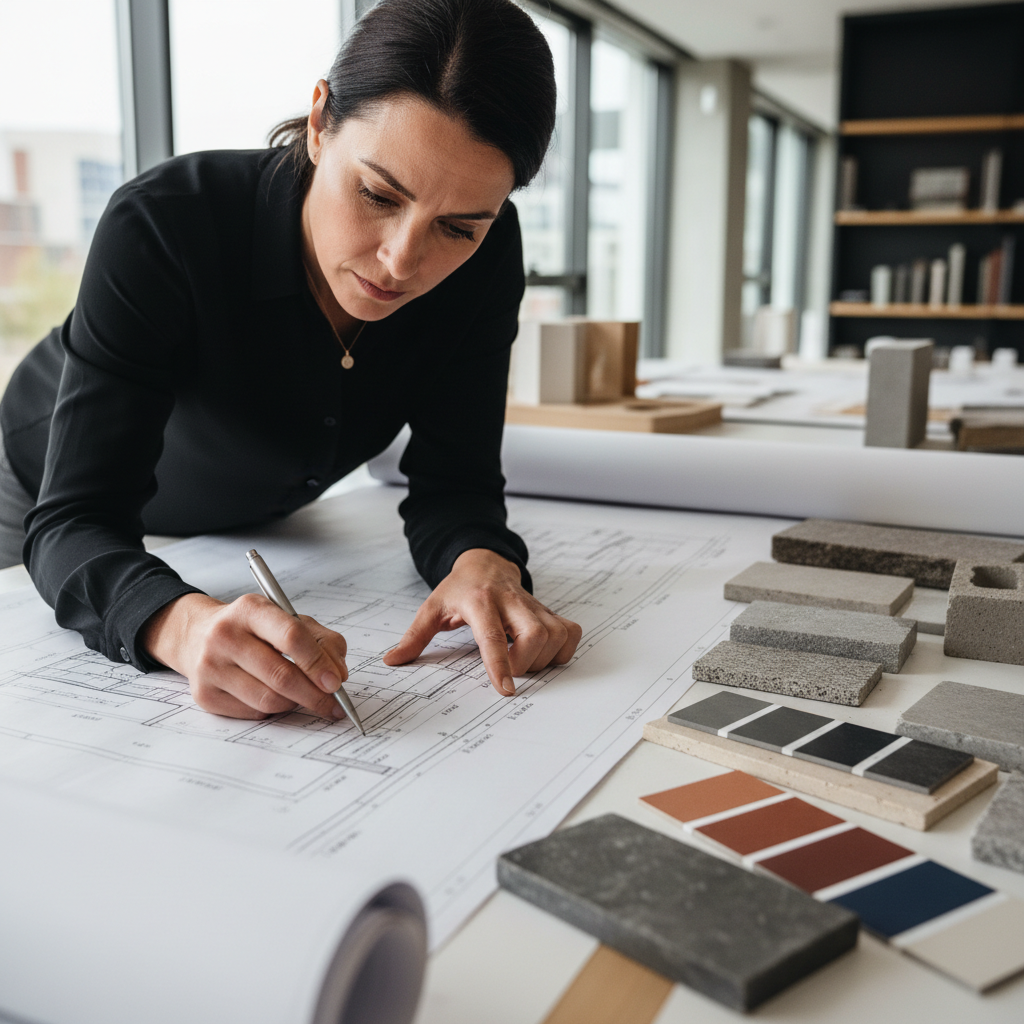 Renata Oduya, landscape architect with natural stone samples on drafting table