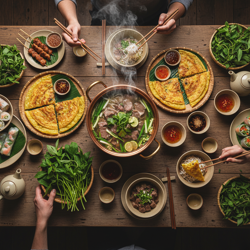 Overhead shot of a wooden farmhouse table crowded with Vietnamese dishes: copper pot of phở, golden bánh xèo, ceramic bowls of nước chấm, chopsticks mid-meal, hand reaching for rau muống