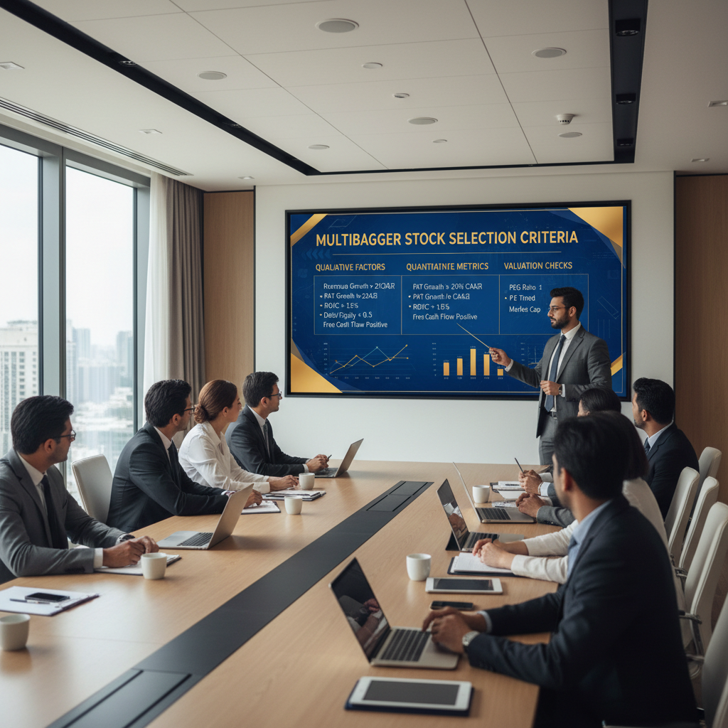 Stock market research presentation showing multibagger stock selection criteria with financial metrics on screen