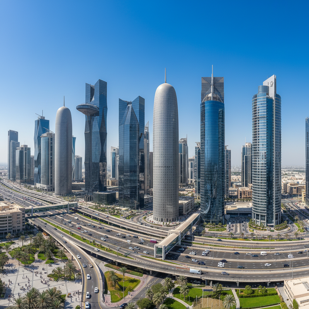 Modern corporate headquarters in Doha Qatar, glass facade building, professional business environment