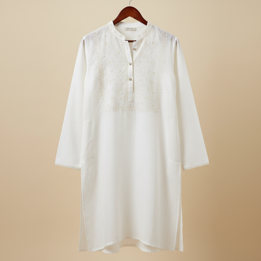White ethnic kurta with embroidery detail on wooden hanger