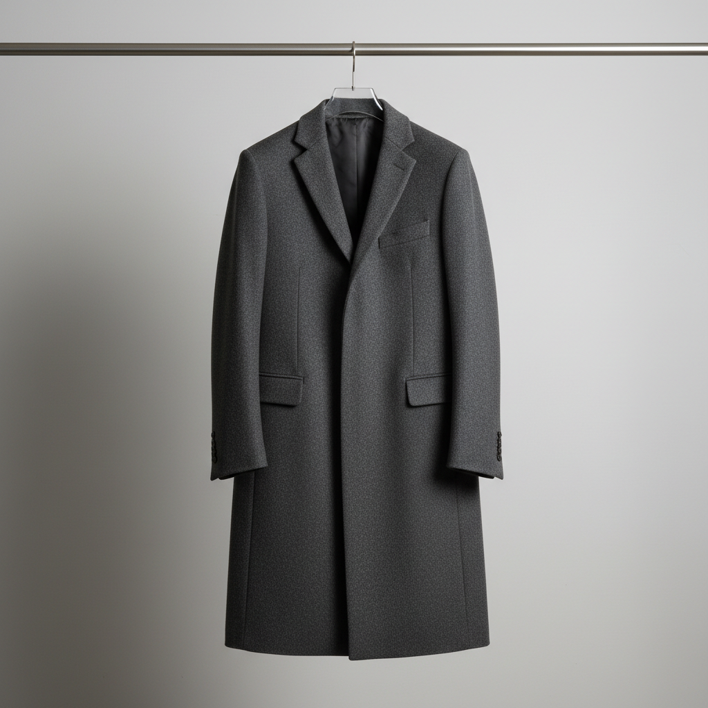 Premium cashmere overcoat displayed in dark moody boutique atmosphere
