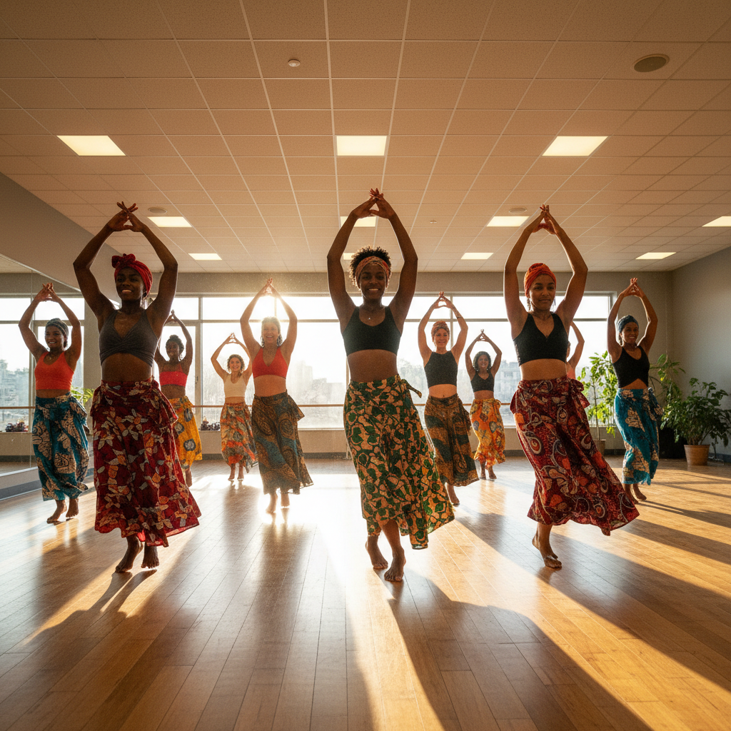 Energetic dance class with participants moving to Afrobeat music in bright studio space