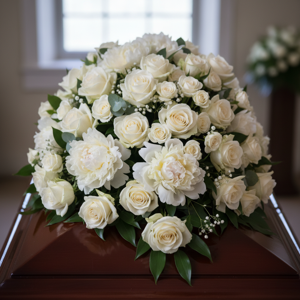 Full casket spray arrangement of white roses and pale peonies photographed from above on a dark surface