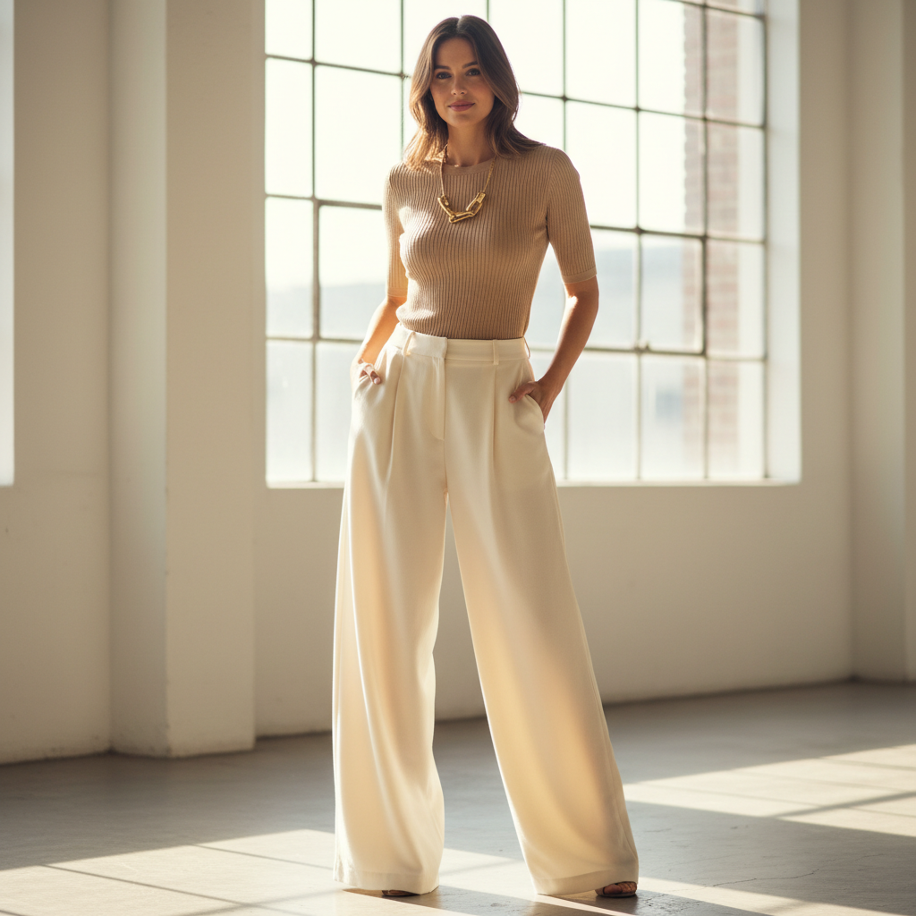 Elegant wide-leg trousers in cream fabric, bright studio, white background, fashion editorial