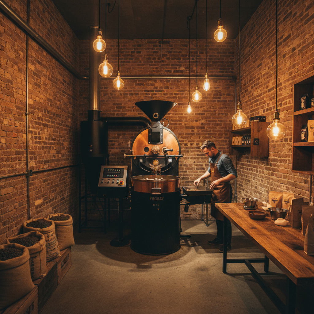 Artisan coffee roaster tending to a drum roaster in a warm amber-lit specialty roastery, dark walls, focused craftsman, rich brown tones