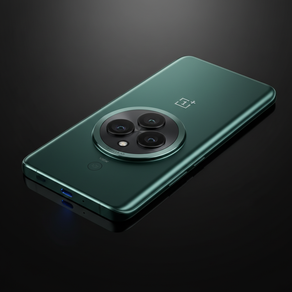 OnePlus 12 vert émeraude posé sur fond naturel avec texture bois