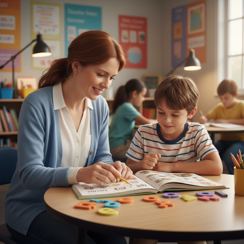 Compassionate special needs teacher working one-on-one with a child using learning tools