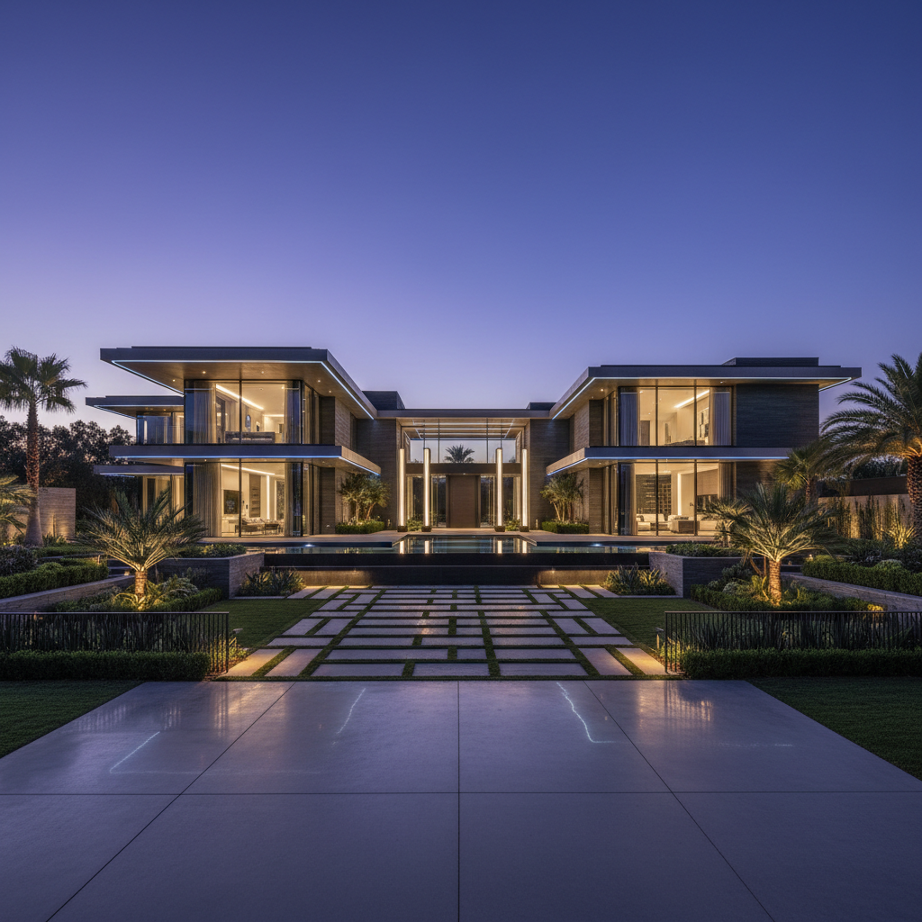 Beautiful newly constructed residential home with modern architecture, professional landscaping, dramatic evening light