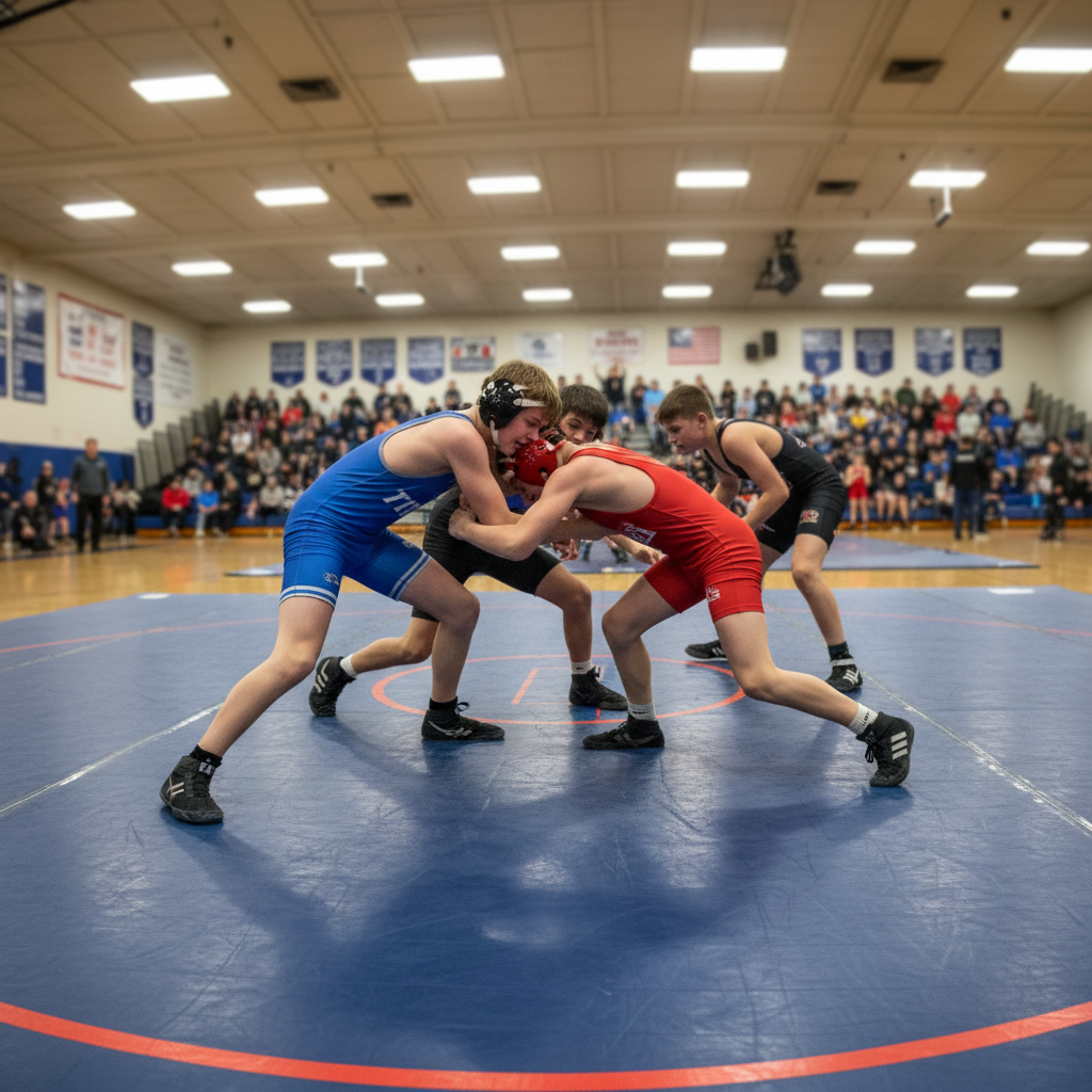 Young wrestlers competing on the mat at a Saturday tournament
