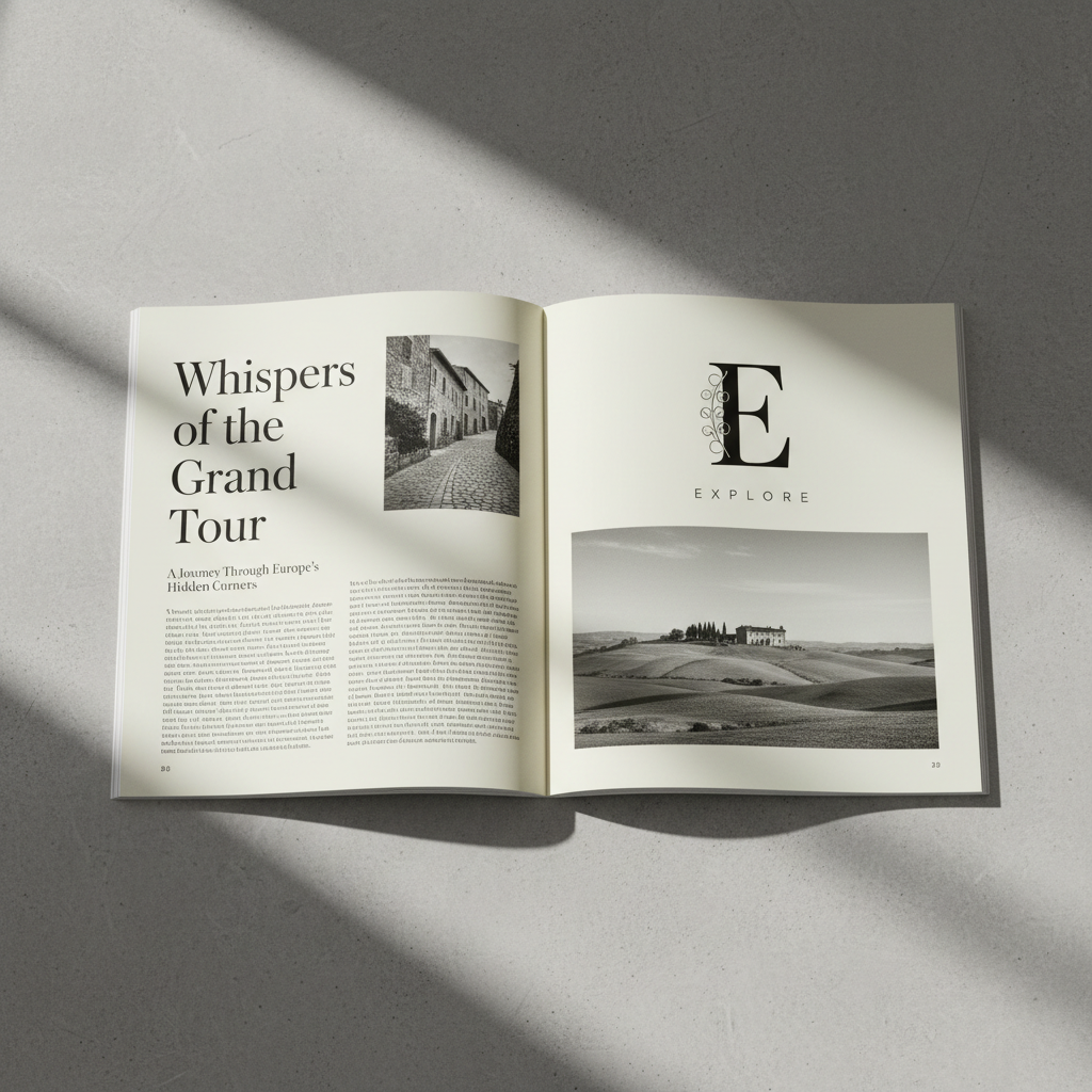 Editorial magazine spread with open white space and refined typography