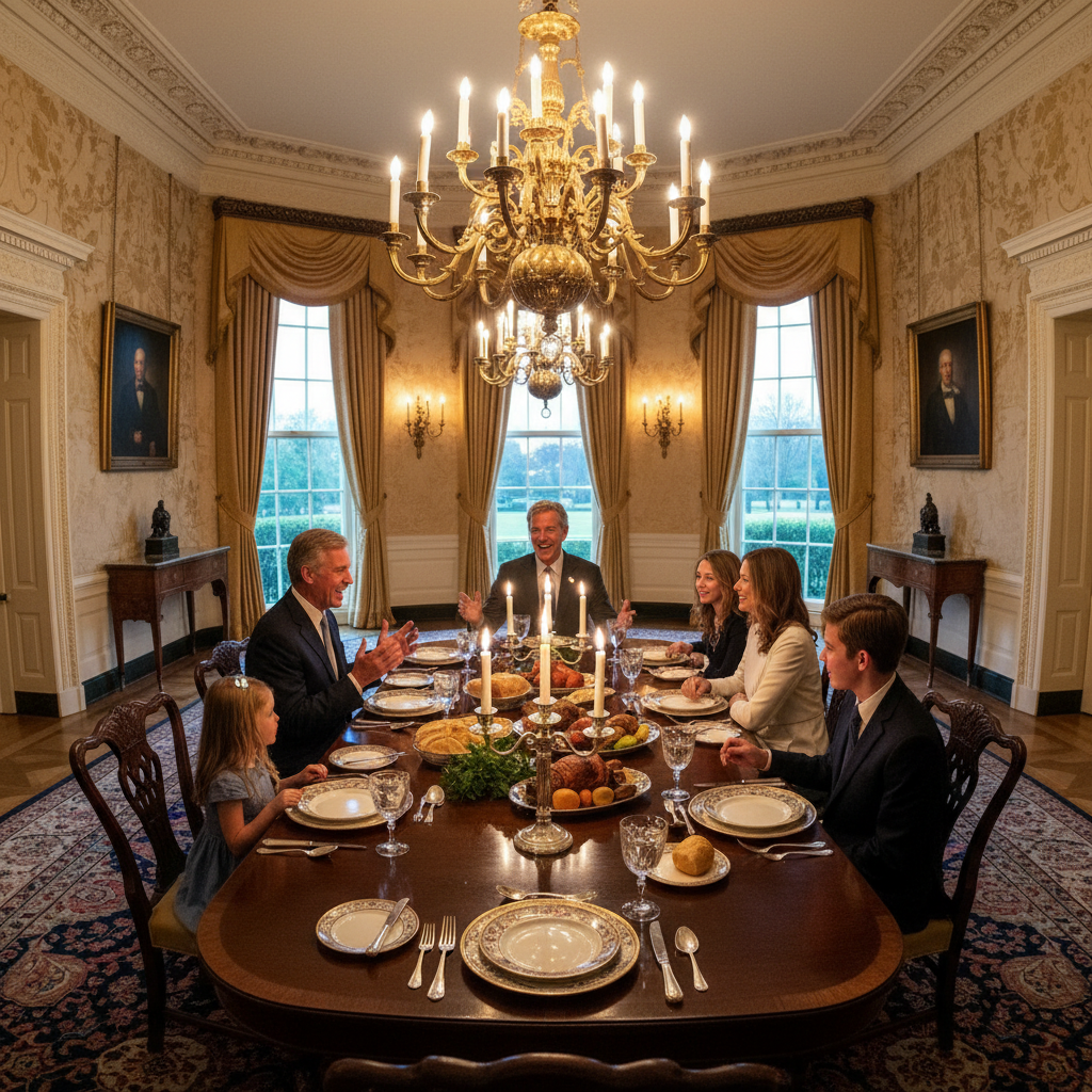 Warm candlelit dining room with terracotta walls, wooden tables, and a family sharing a large platter