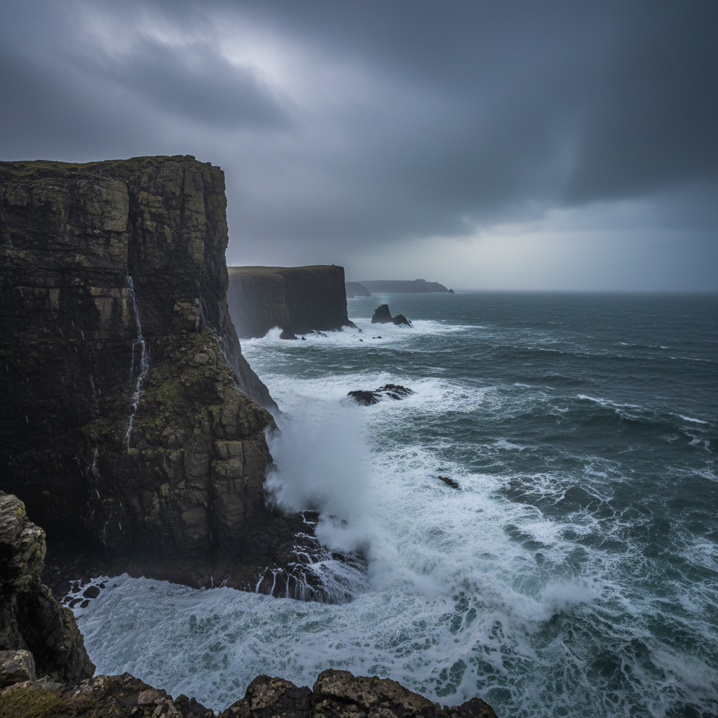 Storm-lit Atlantic coastline of Scotland with dramatic cliffs and crashing waves at dusk