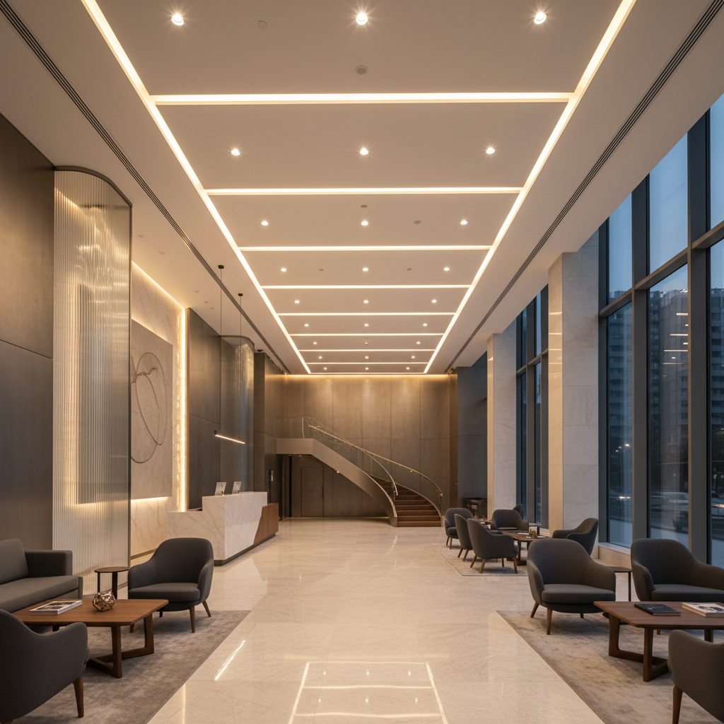 Modern commercial office interior with architectural details, clean professional workspace environment