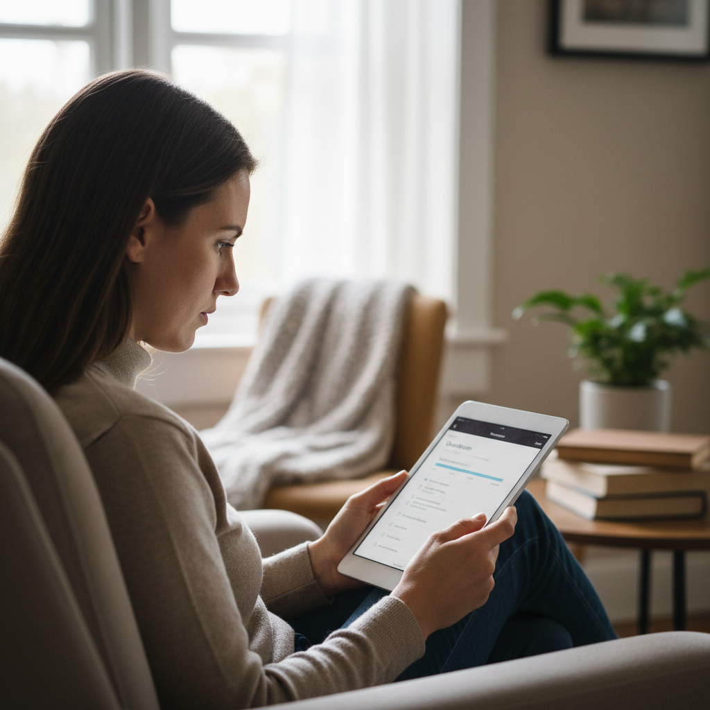 Person using smartphone to complete online survey, casual home setting, bright airy room, relaxed posture