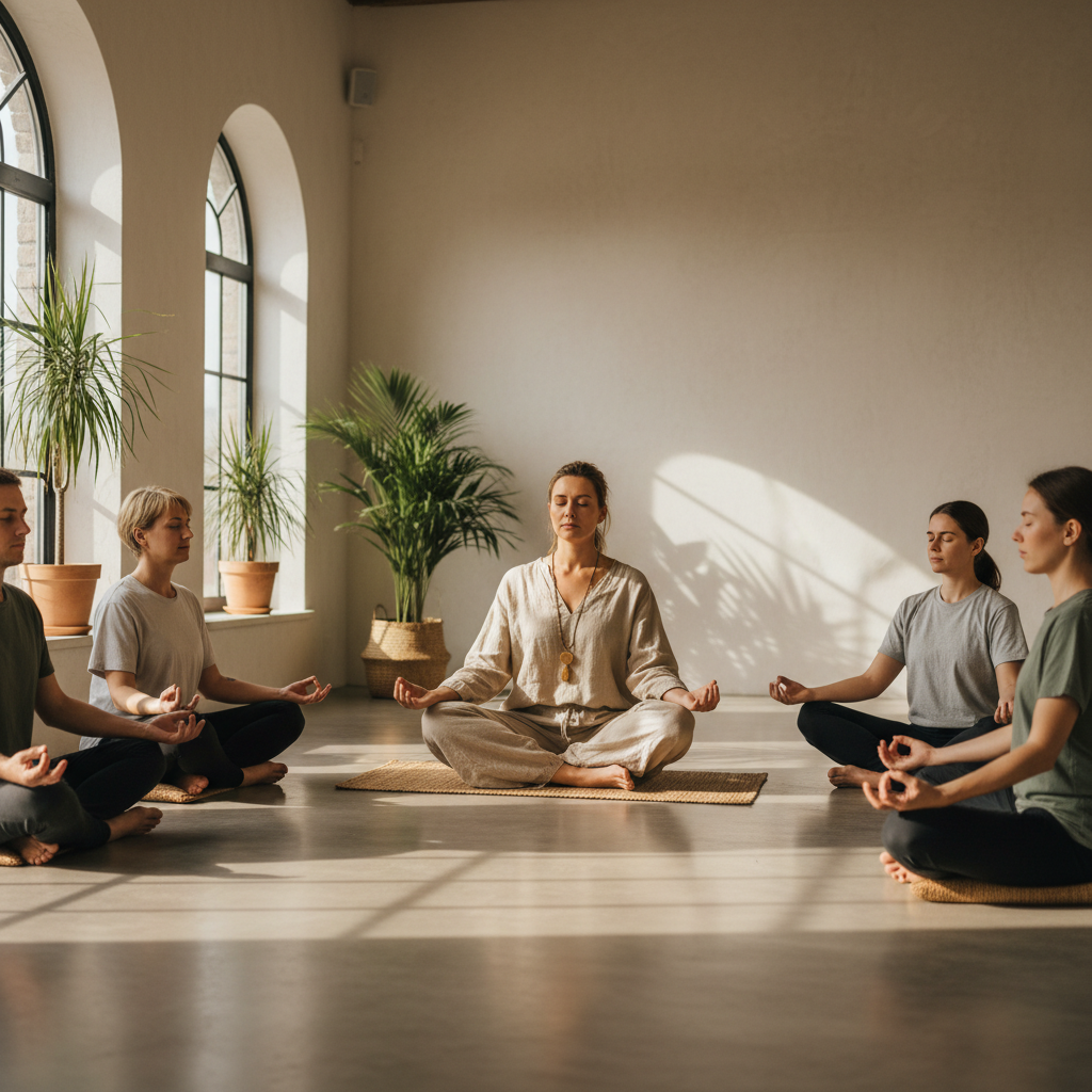 Group of people meditating together in peaceful meditation center with natural lighting and serene atmosphere