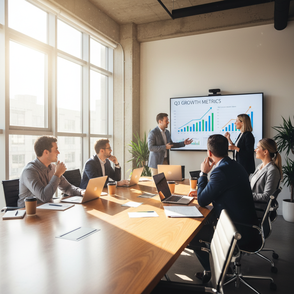 Team collaboration meeting with charts showing growth metrics on screen