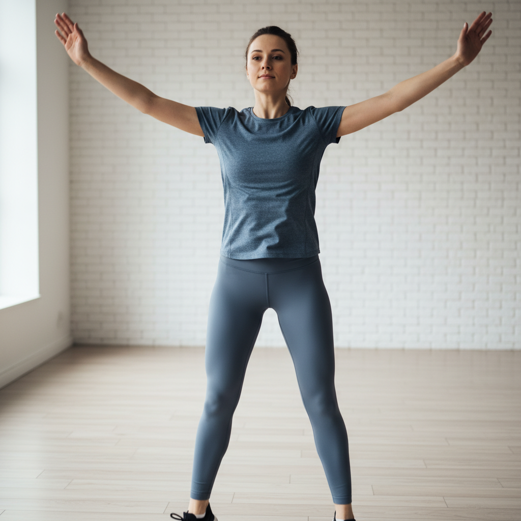 Woman performing jumping jacks in bright gym studio