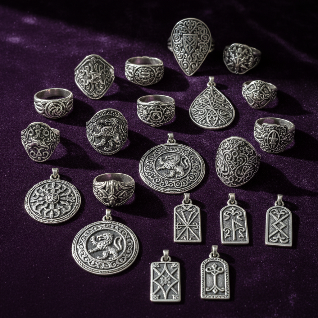 Collection of handcrafted silver jewellery pieces arranged artistically on dark velvet