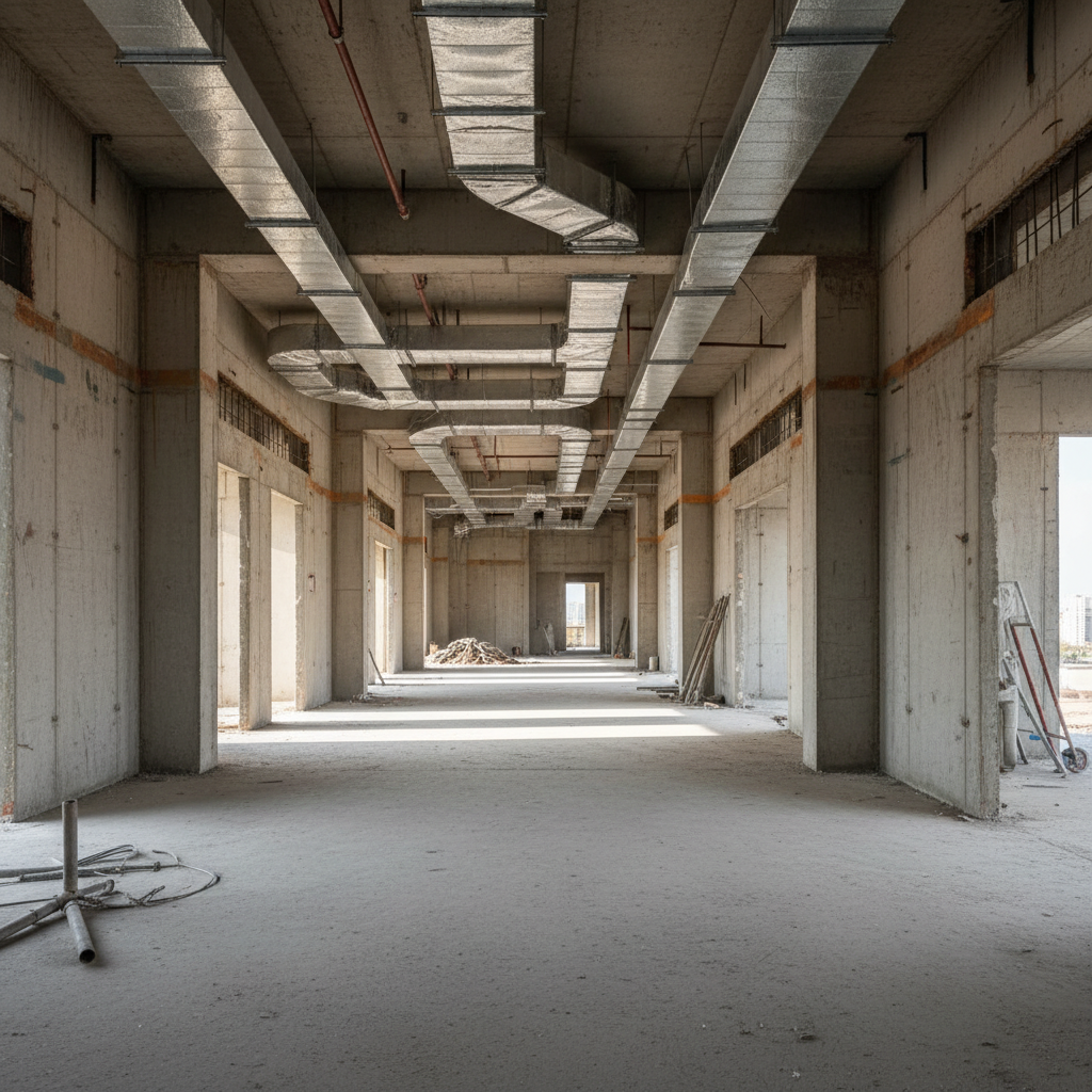Raw concrete shell of a high-rise apartment floor with exposed ductwork and no finishes