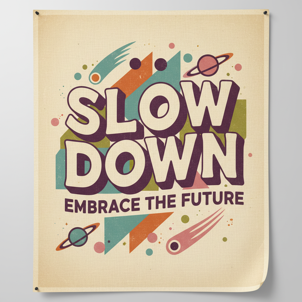 Retro futurist typography print with bold hand-lettered "Slow Down" in plum and cream